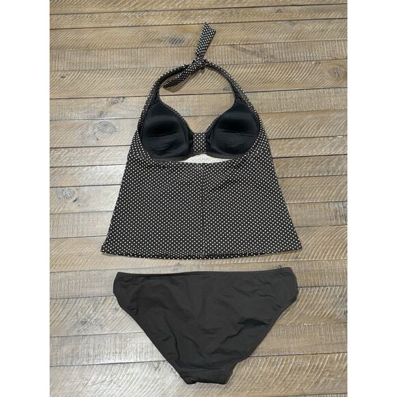 Lands End Halter Tankini Swim Suit Brown Polka Dot Tie Neck Solid Bottoms Size 8 - Picture 2 of 9
